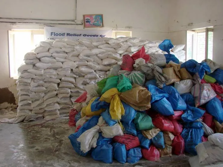Relief goods piled up