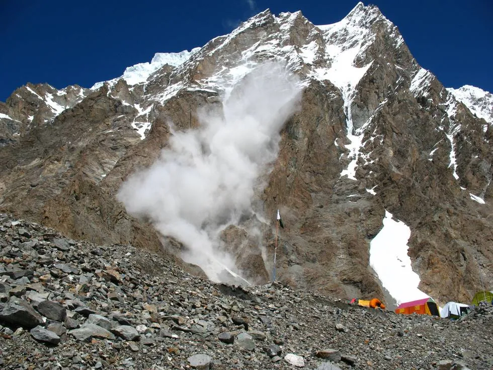 Avalanche hitting the ground at K2 base camp